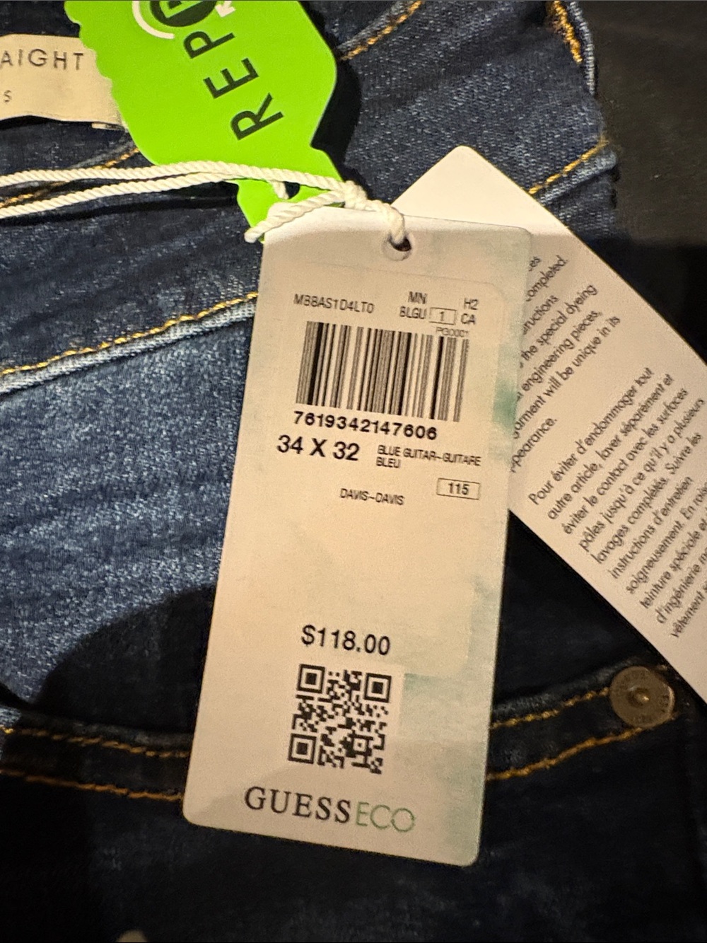 Guess Women's Straight Leg Jeans in Mid Blue with Yellow Stitching